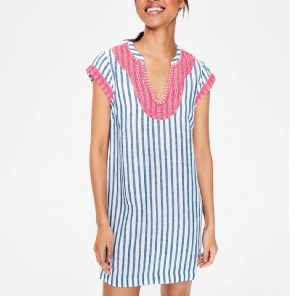 Boden Blue Stripe Neon Trim Tunic Cover Up 100% Linen Size 8 petite